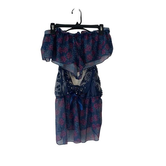 Women's Plus Size 1X Blue Purple Floral Sequin Lace Teddy Matching Lingerie Set - Picture 1 of 11